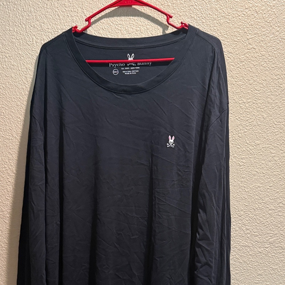 Psycho Bunny Men's Long Sleeve Tee Black with Small Pink Bunny Logo